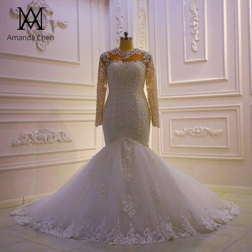 Wedding gowns 2021 Long Sleeve Lace Appliqued Pearls Africa Wedding Dress