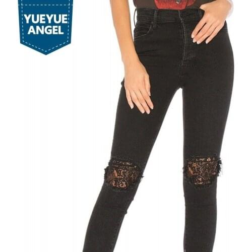 Top Quality High Waist Hole Ripped Lace Womens Pencil Pants Slim Fit Ladies Ankle Length Trousers Fashion Black Denim Pants