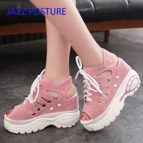 Women Sandals Hollow Slippers Slides Summer Sneakers Platform Wedges Women Elevator Shoes Hidden High Heels Sandalia Mujer y332