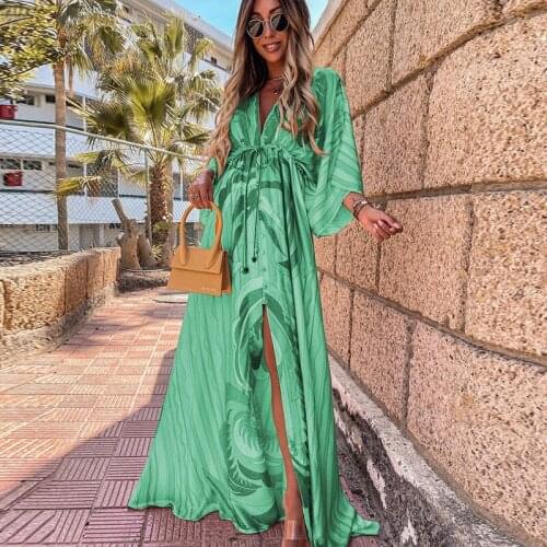 Summer Women New Deep V Neck Printing Hem Maxi Dress Elegant Button Elastic Waist Long Party Dress Spring Loose Slit Beach Dress