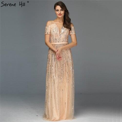 Gold Luxury Sexy V-Neck Evening Dressese 2019 Short Sleeve Beading Sequined A-Line Evening Gowns Serene Hill LA70151