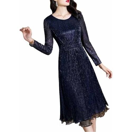 2020 Fashion Bright Silk Long-sleeved Dress Women O-neck Plus Size Slim Double Layer Ruffle A-line Long Dresses Vestidos KW373