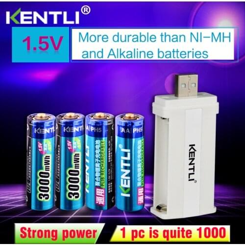 KENTLI 4pcs low self discharge 1.5v 3000mWh AA rechargeable Li-polymer li-ion polymer lithium battery +1 USB smart Charger