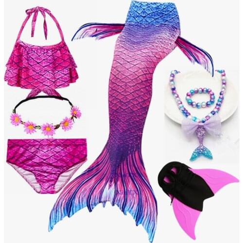7PCS High Quality Children Ariel the Little Mermaid Tail with Monofin Bikini Bathing Suit Costume Swimmable Kids Swimsuit