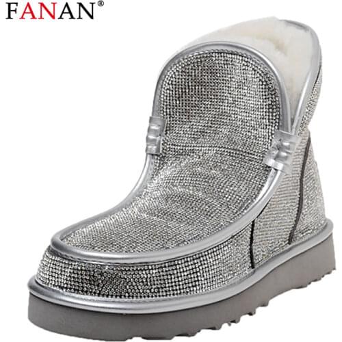 FANAN Woman Wool Snow Boots Women Genuine Leather Winter Shoes Round Toe Slip-on Platform Winter Ladies Rhinestone Ankle Boots