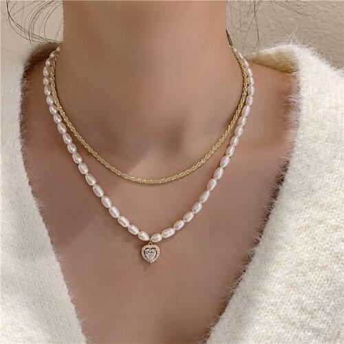 LOVOACC 3 Designs Twist Gold Color Chains Necklaces for Women Natural Freshwater Pearl CZ Zircon Heart Chokers Necklace Jewelry