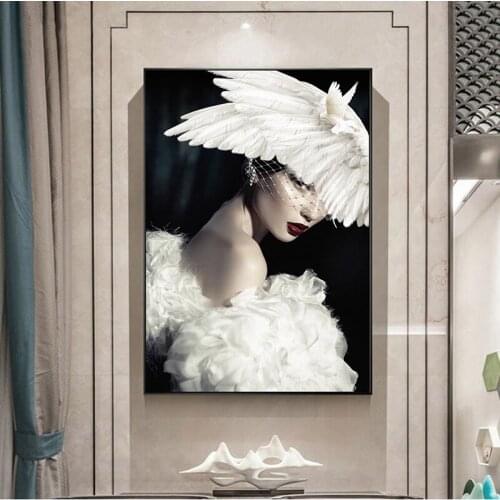 Modern Girl with White Pigeon and Feather Canvas Painting Posters and Prints Wall Art Picture for Living Room Home Decor Cuadros