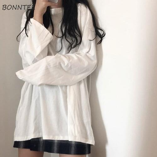 Long Sleeve T-shirts Women Solid Loose Candy Color All-match Plain Plus Size 3XL Unisex Bf Couples Daily Streetwear Soft Teens