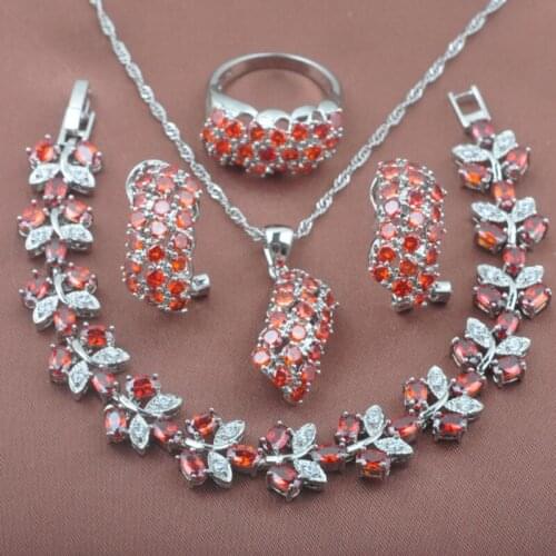 Perfect Red Stone Crystal Jewelry Sets Womens Silver Color Bracelet Necklace Pendant Earrings Ring Free Gift Box YZ0283