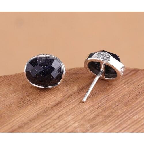 Manufacturers direct Thai silver handmade small fresh earrings S925 sterling silver jewelry grid blue sandstone earrings