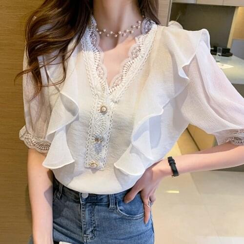Fashion Lace Stitching V-neck Short Sleeve Women Blouses Korean Elegant Ruffle Chiffon Shirt Summer Office Lady White Tops