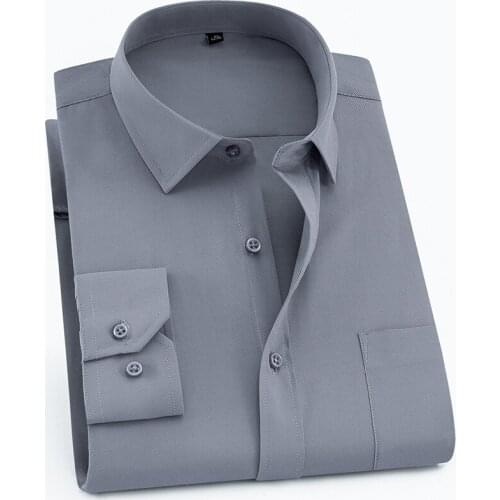 Mens Long Sleeve Standard-fit Solid Basic Dress Shirt Single Patch Pocket Formal Business Work Classic Office Striped Shirts