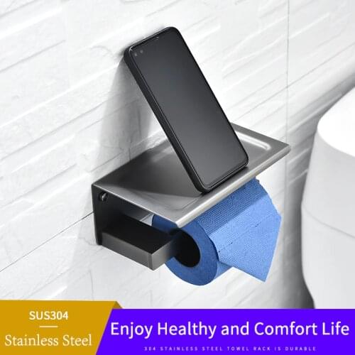 Wall Mounted Gray Toilet Paper Holder With Phone Storage Shelf Bathroom Accessories Tissue Paper Roll Holder Gray Color New