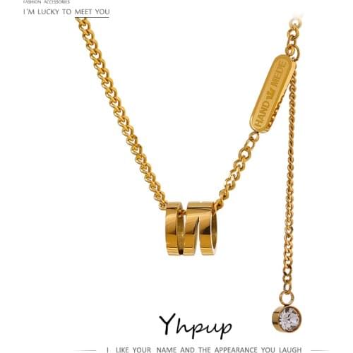 Yhpup New Stainless Steel Collar Necklace Charm Metal Geometric CZ Pendant Chain Necklace Bling Cubic Zirconia Jewelry 2021