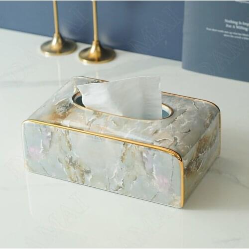 Golden Stroke Ceramic Tissue Box Marble Texture Living Room Desktop Paper Box Restaurant Napkin Organizer Home Decoration Modern