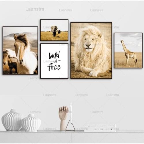 Grassland Wildlife Poster Lion Giraffe Horse Canvas Painting Room Decoration Wall Picture for Living Room Home Decoration Art