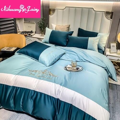 Ice silk bed sheet four-piece set stitching embroidery and washed tencel four-piece summer naked bed cover four-piece set