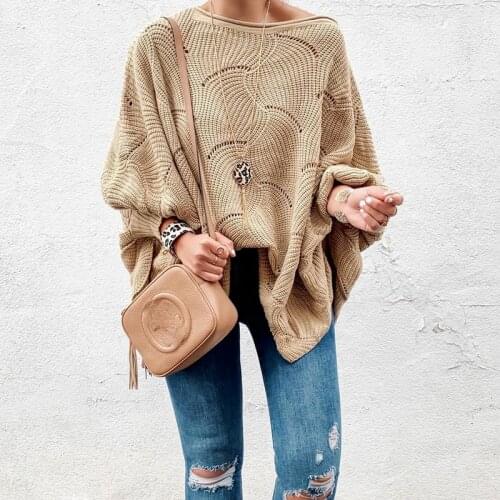 Fashion Women Autumn Winter Sweaters Hollow Out Design See Throough O-Neck Long Sleeve Solid Color Casual Loose Knitted Top