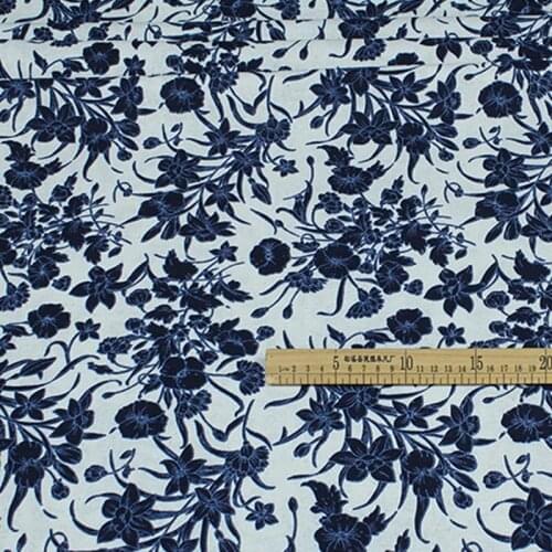 Cotton and linen ethnic blue flowers floral textile for DIY handwork tablecloth curtains spring blouse dress fabrics quilting
