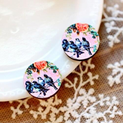 Unique 3D Birds Embossed 16mm Round Coloured Drawing pattern Laser Cut wood Cabochon DIY for Rings, Earring,Brooch,Necklace