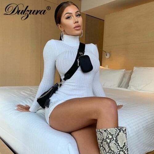 Dulzura stripe knitted solid women mini dress turtleneck long sleeve bodycon sexy streetwear basic 2020 autumn winter clothes