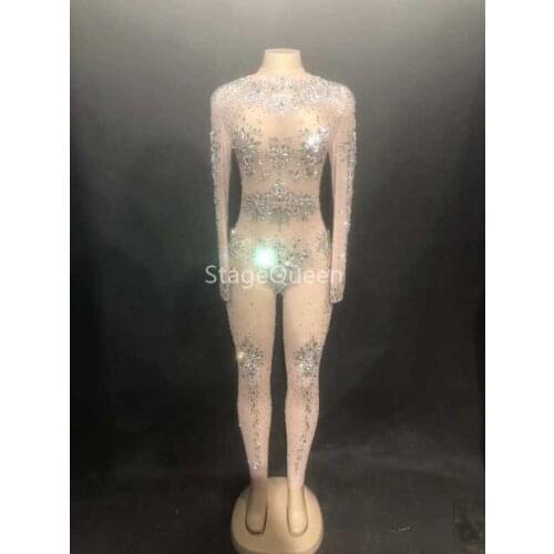 Bright Silver Rhinestones Mesh Jumpsuit Perspective Birthday Outfit Female Singer Evening Party Prom Celebrate Sexy Dance Wear
