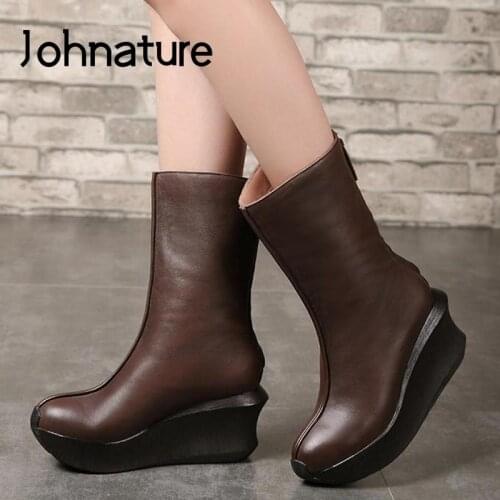 Johnature Winter 2020 New Women Shoes High Heel Boots Genuine Leather Zip Wedges Warm Handmade Concise Leisure Platform Boots