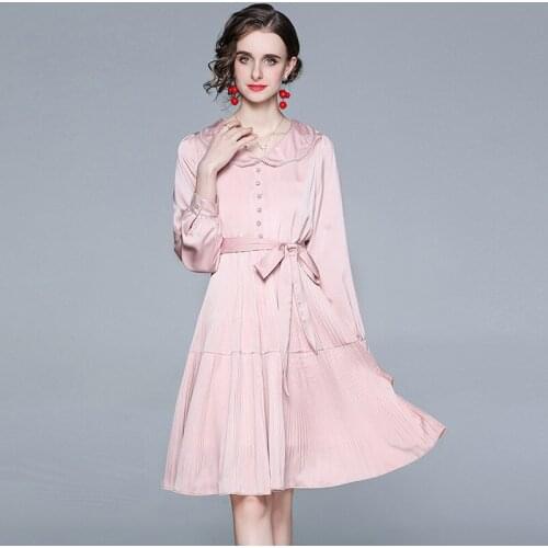 High Quality Women Spring Elegant Slim Pink Dress Chic Pleated Satin Party Robe Femme Vintage Beading Designer Dress Vestidos