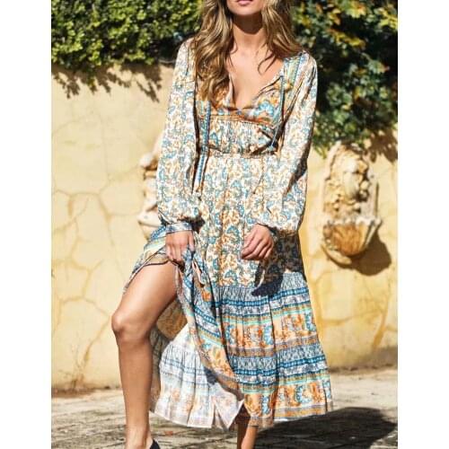 Happie Queens women elegant lace-up tassel floral print beach long Bohemian Maxi dress Ladies rayon Boho dress vestidos