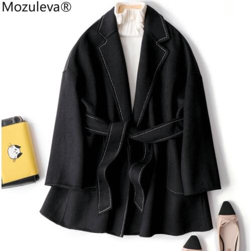 Mozuleva New Autumn High Quality Double Sided Cashmere Coat Black Color with Belt Style Womens Woolen Coat for Winter