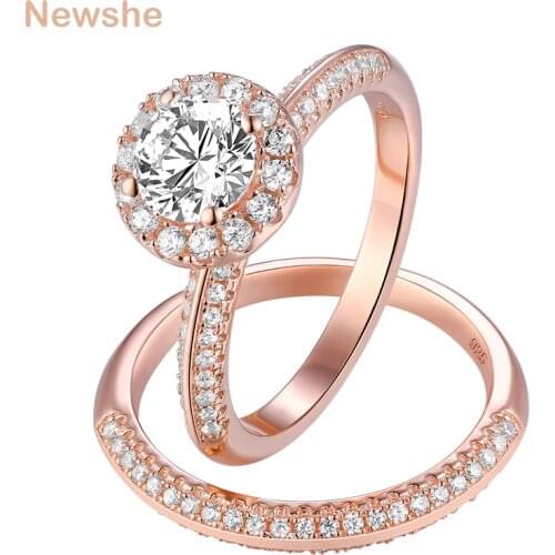Newshe 2Pcs Rose Gold Wedding Rings For Women 925 Sterling Silver Round Cut AAA CZ Engagement Ring Set