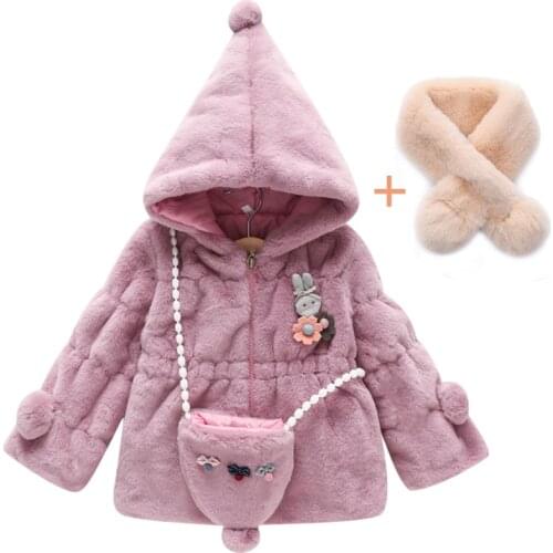Girls' winter clothes new baby rabbit hair thickened coat warm hooded Plush coat 0-4-year-old baby cotton coat free scarf