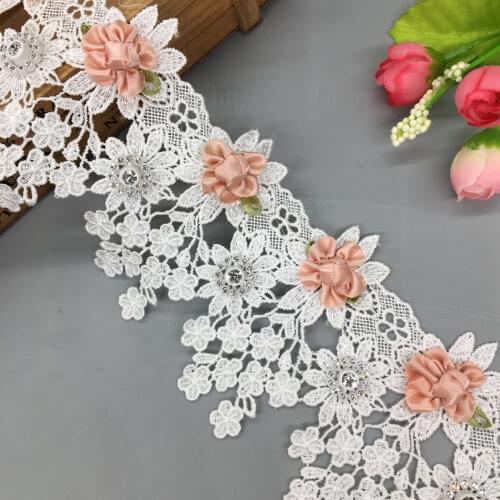 1 yard 8.5cm Pearl Rhinestones Rose Flower Lace Trim Embroidered Lace Ribbon Fabric Sewing Craft For Costume Clothes Decoration