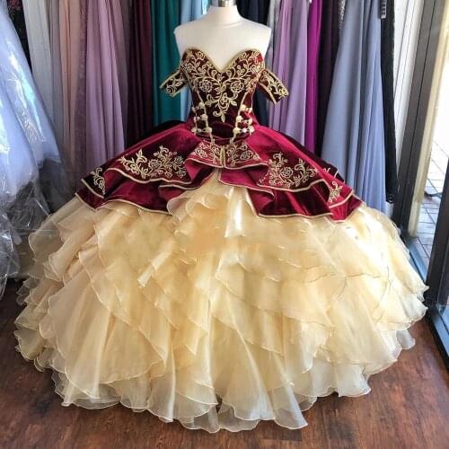 Embroidery Velvet vestidos de 15 años 2020 Puffy Ruffles Quinceanera Dress Off the Shoulder Sweet 15 Dress Long Prom Gowns