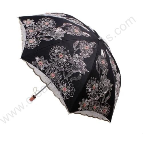 Two fold Lilywhites embroidery drag umbrellas 5 times black coating UPF>50+ anti-UV ladies' princess flower lacing yarn parasol