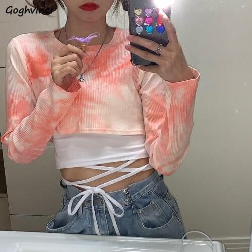 T-shirts Womens Long Sleeve Tie Dye Short Style Design Fashion O-neck Femme Hip Hop Streetwear Spring Autumn Chic Tops Trendy