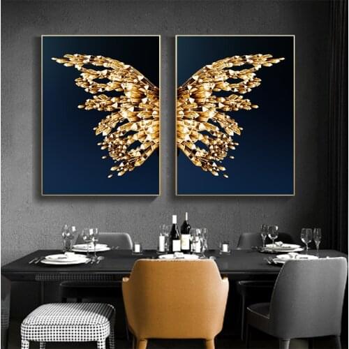 Pintura oil Nordic golden, picture butterfly golden wall mounted, living room, bedroom, poster modern art decorative