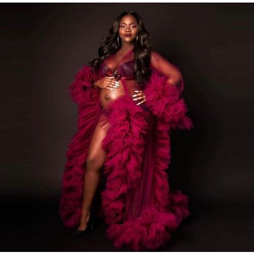 Classic Red Tulle Maternity Robes For Photo Shoot Long Sleeves See Thru Plus Size Women Pregnancy Dressing Gowns