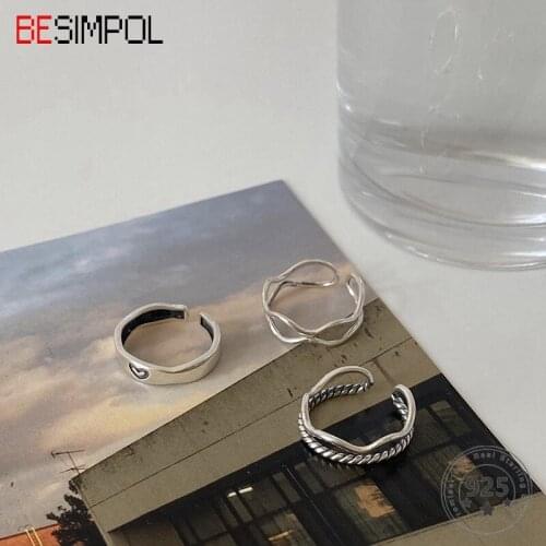 Besimpol Real 925 Sterling Silver Heart Rings Adjustable Geometric Lines Rings for Women Fashion Minimalist Ring Jewelry Gifts