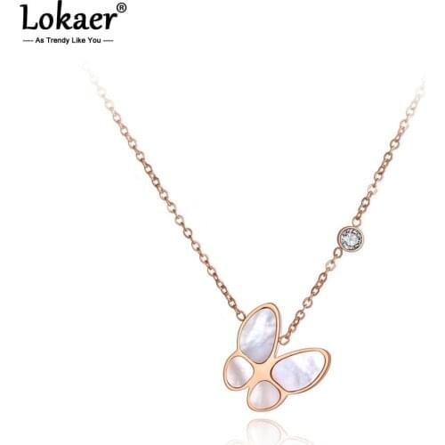 Lokaer Titanium Steel Trendy Butterfly Animal Pendant Necklace Jewelry CZ Crystal Shell Choker Wedding Necklace For Women N19090