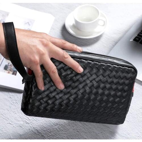 Wmnuo New Mens Hand Bags 100% Genuine Leather Day Clutches Male Knitting Square Purse For Man Zipper Big Clutch Long Wallets