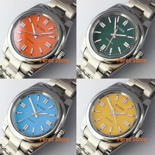 BLIGER 36mm/39mm Mens Watch Sapphire Miyota 8215 Mingzhu 2813 Fix Oyster Band Blue/Yellow/Green/Black/Orange Dial Unisex Watch