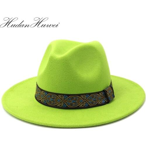 2020 New Hot Sell British Style Woolen Jazz Fedora Hat Wide Brim Church Hats Cotton Women Fashion Elegant Oversized Caps