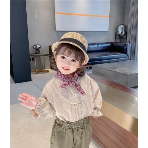 Girls shirt long-sleeved 2021 new spring and autumn clothing net red childrens shirt foreign style baby round neck embroidered