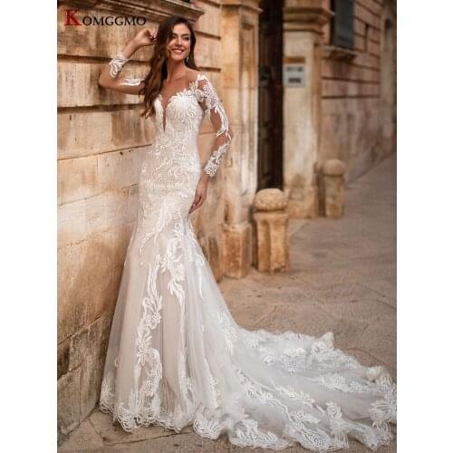 2021 Hot Sale Full Sleeve Chapel Train Button Back Mermaid Wedding Dress Luxury O-Neck Embroidery Appliques Tulle Bridal Gown