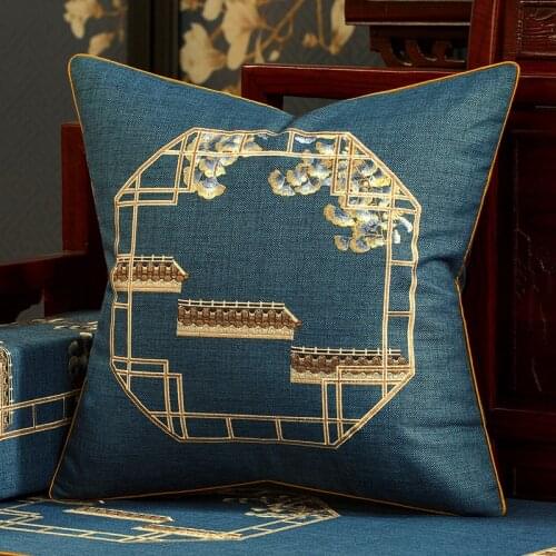 High Quality Classical Chinese Style Cushion Cover Pure Color Embroidered Waist Pillow Cases Cotton Linen Pillow Cover Decor