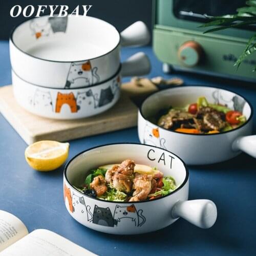 Japanese Ceramic Instant Noodle Soup Bowl Kitchen Breakfast Salad Rice Bowl Cute Cartoon Baking Dish with Handle Tableware 600ML