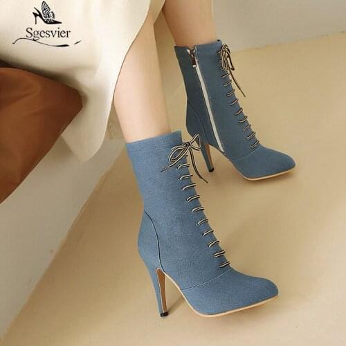 Sgesvier 2020 New Black Denim Autumn Winter Shoes Stiletto Cross Strap Stretch Sexy High Heel Ankle Boots Female Pointed Toe