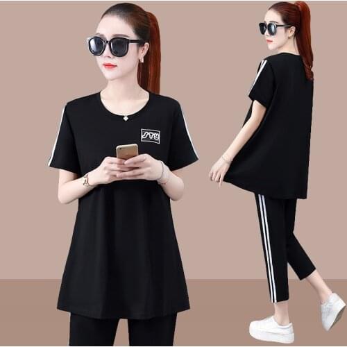 2021 Large size suits female European summer European goods loose cotton casual wear two-piece women summer with short sleeves