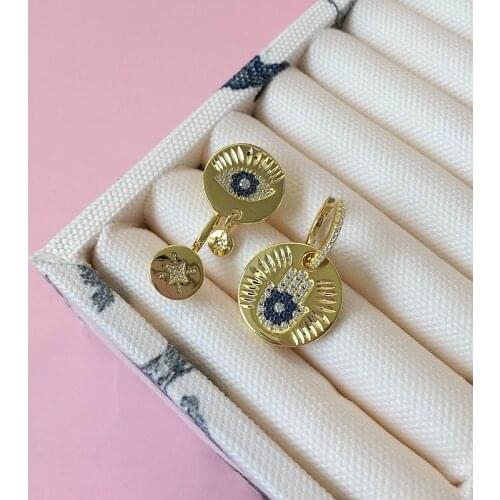 SLJELY Top Quality 925 Sterling Silver Yellow Gold Color Asymmetric Lucky Eye Earrings Micro Zirconia Stones Women Brand Jewelry